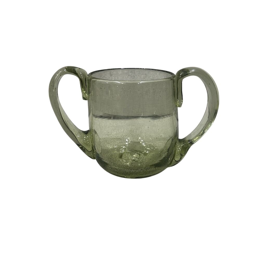 VTG Olive Green HandBlown Glass Loving Cup 2 Handle 3.5” MCM Empoli Style Pontil